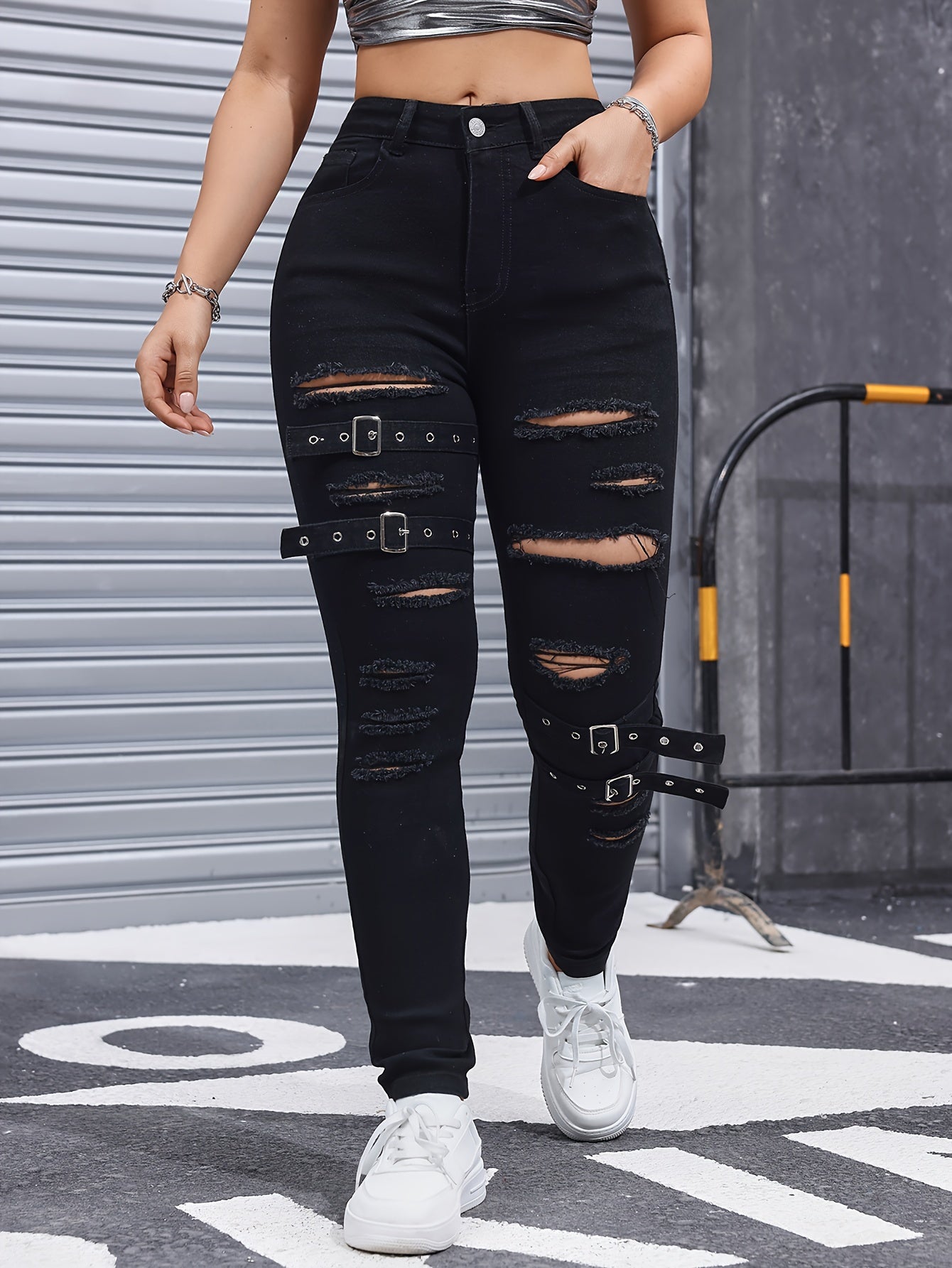 High-Waisted Distressed Denim Jeans For Women, Stretch Fabric Blend, Four-Season Fit, Fashionable And Trendy